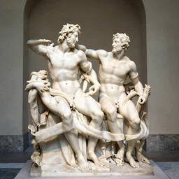 museum photograph showing the laocoon, brightly lit, high contrast shadows