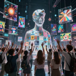 cinematic shot cyberspace of creativity, very large floating translucent videos, hyper realistic, mood lighting, fantasy, detailed happy people creating diverse art hands in the air, big video statues, highly detailed, super realistic, perfect lighting pixel sorting, style sheet