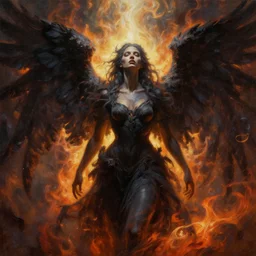 a hyper-realistic oil painting of an Dark Angel; swirling sheets of light and fire; hyper-detailed; an extraordinary masterpiece!!!; flawless; trending on artstation