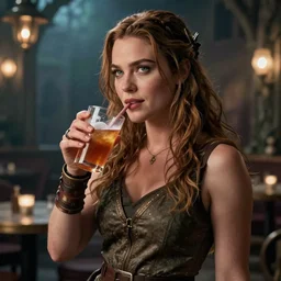 kate beckinsale as dnd thief drink in fantasy inn, photoshoot portrait, marvel cinematic universe, epic light, 4k, realistic,