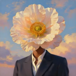 closeup, giant flower as head, black woman in suit, surreal photography, golden hour, colorful clouds, impressionist painting, digital painting, artstation, simon stalenhag