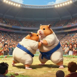 hamster in a sumo mawashi outfit preparing to wrestle in the stadium, full of people, art by artgerm and greg rutkowski and magali villeneuve, d & d, fantasy, highly detailed, digital painting, trending on artstation, concept art, sharp focus, illustration