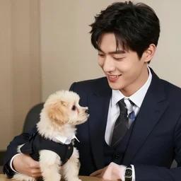 a picture of the most attractive man on the planet wearing a suit, smiling at a cute puppy wearing a suit,
