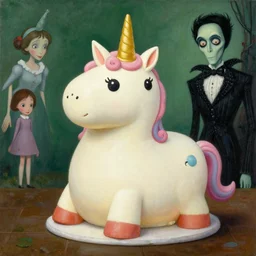 fat unicorn cake, painting by artgerm and tim burton and wes anderson and spike jonze