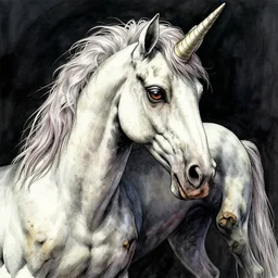 portrait, an emaciated starving unicorn, skin and bones, watercolor, dramatic lighting, cinematic, establishing shot, extremely high detail, foto realistic, cinematic lighting, pen and ink, intricate line drawings, by Yoshitaka Amano, Ruan Jia, Kentaro Miura, Artgerm, post processed, concept art, artstation, matte painting, style by eddie mendoza, raphael lacoste, alex ross
