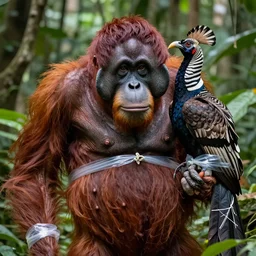 a high resolution realistic displacement portrait of a orang oetan gills in a rainforest, muscles normal map creature made of fishlike class aves skin veins merged frog, bump map strangled by plastic wrap bower bird creature wrinkles pheasant, ivy complex feathers exotic morphing hoopoe, zebra morphing wings king vulture head