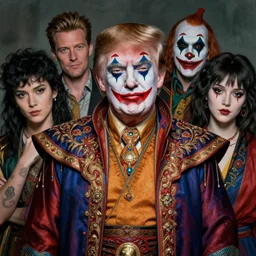 photorealistic portrait of donald trump wearing intricate shao khan costume, bizarre voodoo makeup, clown makeup, by amano, karol bak, greg rutkowski, and akira toriyama, tonalism, hyperrealistic, artgerm, masterpiece.