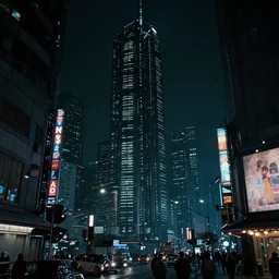 concept art of a magnificent dark neon futuristic cyberpunk city bustling street at night cyberart in the style of liam wong, dramatic and moody, masterpiece, matte finish, 8 k, high resolution, film grain