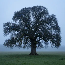 a massive oak tree, gnarled and mossy, with blue flowers in its leaves, stands alone on a vast plain of grass in misty twilight, by marc simonetti and andreas rocha,