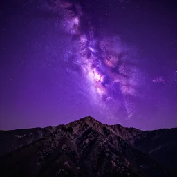 night view of mountains and the milky way, vivid purple hues, 8k photography