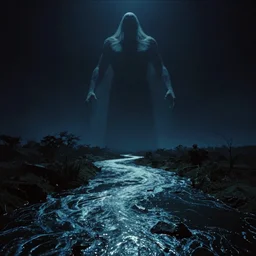 dark eerie movie frame, greek fantasy panorama, a magnificent ghost giant above the magic shining river styx, at night, otherworldly, ghost giant above the horizon, stanley kubrick, 1 7 mm, wide shot, surreal, deep
