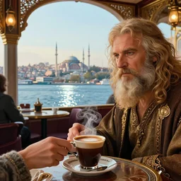 close up digital illustration of elrond and aragorn having a cup of turkish coffee in a coffee house overlooking stunning view of the bosphorus strait in istanbul, cinecolor, specular reflections, detailed faces, hypermaximalist, elegant, ornate, fantasy art, by caspar david friedrich, by tolkien, by dan hennah