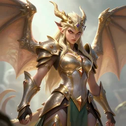 angry shyvana, from league of legends, semi - dragon, light armor, natural lighting, hyper detailed, digital art, low angle, trending in artstation, cinematic lighting, studio quality, smooth render, unreal engine 5 rendered, octane rendered, art style by klimt and nixeu and ian sprigger and wlop and krenz cushart