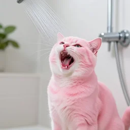 Pink Bingus cat screaming at the shower water
