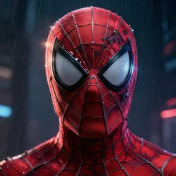 facial portrait of spiderman with torn shredded mask and dark smeared makeup, a dark cyberpunk background, lens flare, rain, deep focus, d & d, intricate, elegant, highly detailed, photo, 9 0 s, artstation, blade runner, 8 k, sharp focus, octane, unreal engine 5, global illumination, radiant