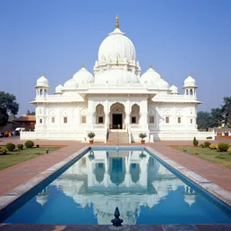 a large white indian temple with a long pool of water in front of it, a detailed matte painting by sardar sobha singh, shutterstock contest winner, cloisonnism, creative commons attribution, photo taken with ektachrome, global illumination