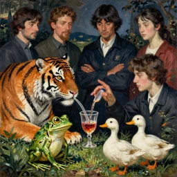 a tiger a frog and a duck sharing a drinkby frantisek kupka, intricate, miles johnston, kuroda seiki, cynical realism, ozabu, john william godward, painterly, yoshitaka amano, moebius, miles johnston, louise zhang, james jean, mark ryden