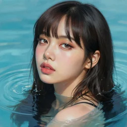 beautiful half body digital painting of lalisa, face emerging from pool of water with high detail, 8 k, stunning detail, photo by artgerm, greg rutkowski and alphonse mucha, unreal engine 5, 4 k uhd