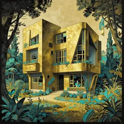 a photo of a concept architecture art house solarpunk in the garden, style brutalism, gold and black turquoise ratio, extremely detailed, sharp focus, wide view, detailed rought paper, digital illustration, colorfull, by william turner art, by alphonse mucha