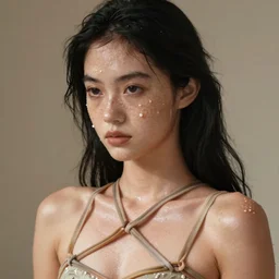 beautiful pale black haired freckled model wearing a risque outfit made from rubber bands, half body portrait, greg kutkowski, sharp details, soft lighting, subsurface scattering, pearls of sweat, glistening skin, warm lighting