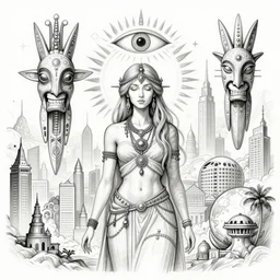 a sketch drawing, ultra detailed, astral travel, magic, shamanic, totem, third eye, beautiful woman, surreal city, trending on artstation