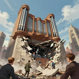 illustration a low angle view of a pipe organ skyscraper falling to ruin, by peter mohrbacher, by alex andreev, by jacek yerka, by alan lee, large depth of field, super detailed, digital art, trending on artstation