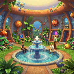 interior view asimov mars habitat flora fauna fountain the sims 4 by syd mead, frank frazetta, ken kelly, simon bisley, richard corben