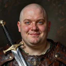 rulf mournhell, solo male weary soldier, young adult, bald, lumpy head, blue eyes, oblong ugly face, overweight, pierced nose and ear, jovial, leather armor, shortsword, clear symmetrical eyes, a male dnd fighter's portrait, clear eyed, realistic, by brian patterson and rhads!!!, palette knife background
