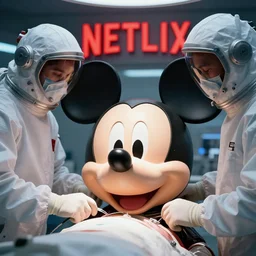 movie still of huge mickey mouse doll head operated on, by dystopian fururistic mechanic surgeon with astronaut helmets on their heads, red netflix neon office sign in background