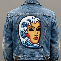 back patch of a jason mask on a jeans jacket. retro wave. highly detailed