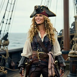 a fierce, smiling, beautiful, friendly, calm, blonde, well - dressed, steampunk, covered, armed, pirate captain, standing on the deck of her ship gazing at the horizon in 1 7 3 0, detailed, realistic