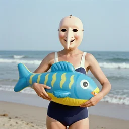 1976 woman wearing a happyprosthetic mask with long snout nose and nostril, soft color wearing a swimsuit at the beach 1976 holding a an inflatable fish color film 16mm Fellini John Waters Russ Meyer Doris Wishman old photo