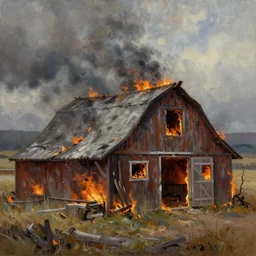 burning barn 4k oil painting