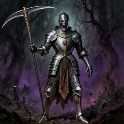 cinematic colorful horror artwork by jean delville, beksinski, bernie wrightson ; ancient wright knight wearing royal ornamented armor, ghastly, wielding scythe, full body concept, haunting, brutal scary terrifying, 8 k hdr, creepy intricate ; dramatic lighting, insanely detailed