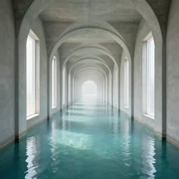 a recording of a liminal concrete pathway, straight concrete walls, arcs, indoors, white narrow windows, perspective, stretching to infinity, flooded with clear pool water, rays of sunlight, hazy, very detailed, realistic