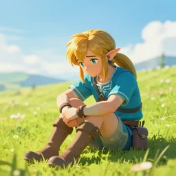 A photo of Link from Zelda sitting in a field on a sunny day with clouds in the sky, he is sad
