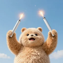 fuzzy big chungus holding two mac - 1 0 s, shooting into the sky