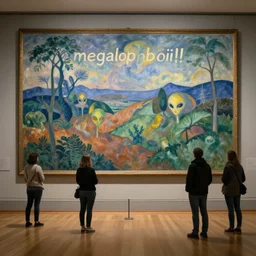 megalophobia!!!!! photo of an exhibit museum room, people looking at a an alien landscape painted by paul cezanne, national art museum, scientific, ethereal, rule of thirds, award winning photo