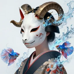 3 d goddess close - up profile portrait with crown, ram skull. beautiful intricately detailed japanese crow kitsune mask and clasical japanese kimono. betta fish, jellyfish phoenix, bio luminescent, plasma, ice, water, wind, creature, artwork by tooth wu and wlop and beeple and greg rutkowski