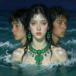 hyperrealist portrait, half body pearl skin, tribal green jewelry submerge in a ocean waves at night, wet by lucian freud and victo ngai and alphonse mucha very detailed faces