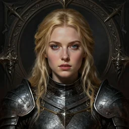 head-on centered symmetrical painted portrait, Elisha Cuthbert as a paladin, blonde hair, dark iron armour, dramatic lighting, intricate, fantasy, intricate, elegant, highly detailed, digital painting, smooth, sharp focus, illustration, dramatic lighting, artstation, in the style of Artgerm and Anna Podedworna