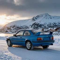 a blue 1991 opel calibra with a rear spoiler in northern Norway at winter by Ludwig Deutsch and  Rudolf Ernst, low sun, cold, strong dramatic cinematic lighting, lost civilizations, smooth, sharp focus, extremely detailed