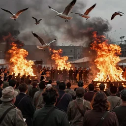 realistic cinematic views of a orwellian propaganda festival with fires in the background and dead seagulls falling from the sky, hyper detailed, terror glows, hyper realistic, digital painting, 8 k, 3 5 mm film grain, octane render