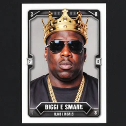 trading card featuring portrait of notorious big wearing crown and sunglasses, with symmetrical attributes, biggie smalls rap music trading card, style of rembrandt h 7 6 8