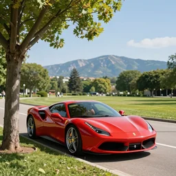 a beautiful ferrari park next to a tree it's a sunny day with no cloud in the sky and there is one road next to the car the background is a view of mountains professional photograph
