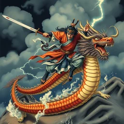 ancient japanese ukiyo - e painting of a chinese warrior in clothes with a broadsword jump and hit the chinese dragon down hard, dark cloud and lightning on the grounddramatic lighting, cg, whole body, extremely detailed, 8 k, sophisticated