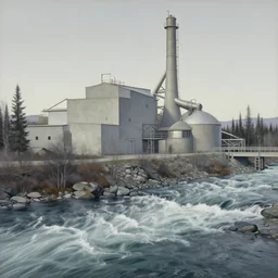 A cement factory next to river rapids in the Yukon, by Charles Sheeler and Santeri Soininen