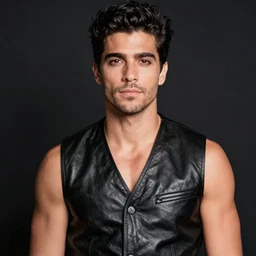 photo of fabio with black hair and a five o clock shadow wearing a black leather vest
