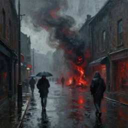 an depiction of hell, rainy, wet streets, digital oil painting by simon stalenhag