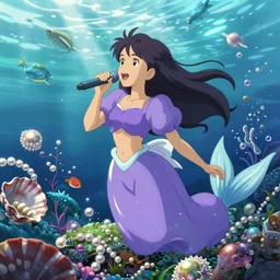 a little mermaid in a purple dress singing in the colorful ocean, correct human body and perspective, pearls and shells, fantasy art by ferdinand knab, makoto shinkai and ilya kuvshinov, rossdraws, tom bagshaw, trending onstudio ghibli, radiant light, highly detailed, octane render, 8 k